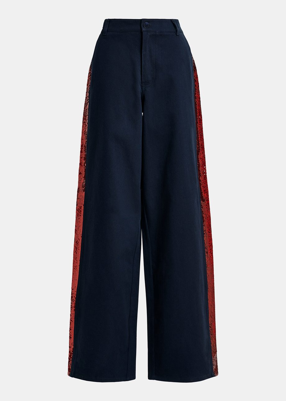 Pantalon en coton bleu marine à rayures pailletées