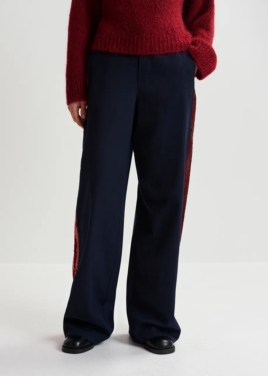 Navy blue cotton pants with sequin-embellished stripes