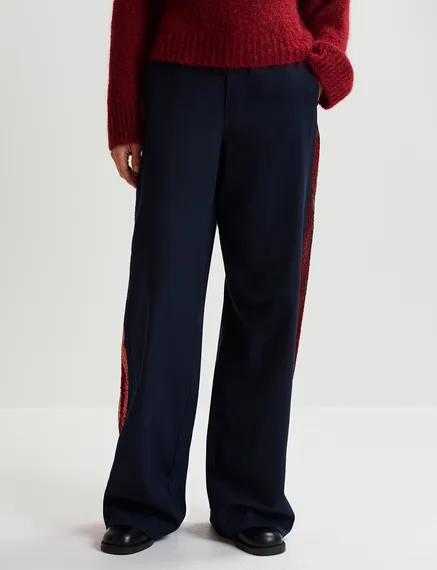 Navy blue cotton pants with sequin-embellished stripes