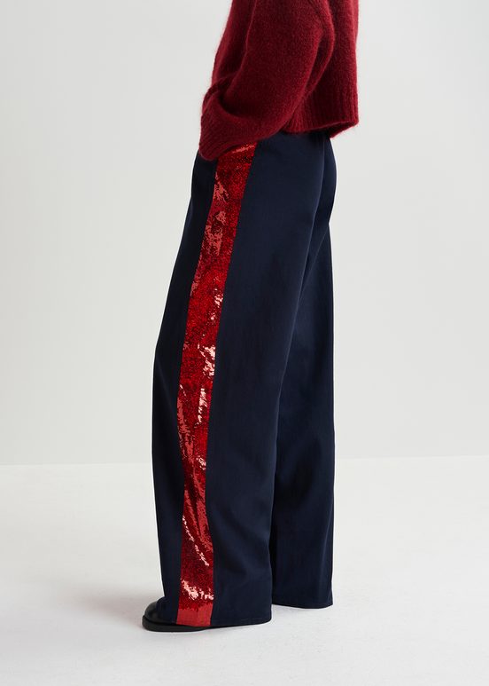 Navy blue cotton pants with sequin-embellished stripes