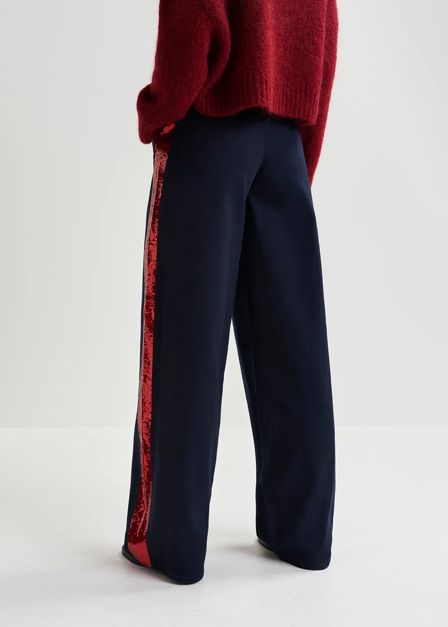 Navy blue cotton pants with sequin-embellished stripes