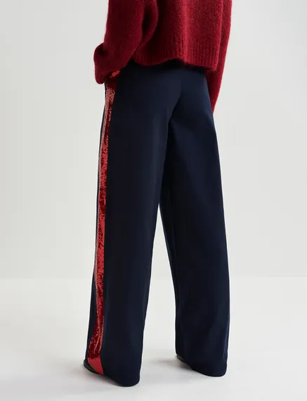 Navy blue cotton pants with sequin-embellished stripes