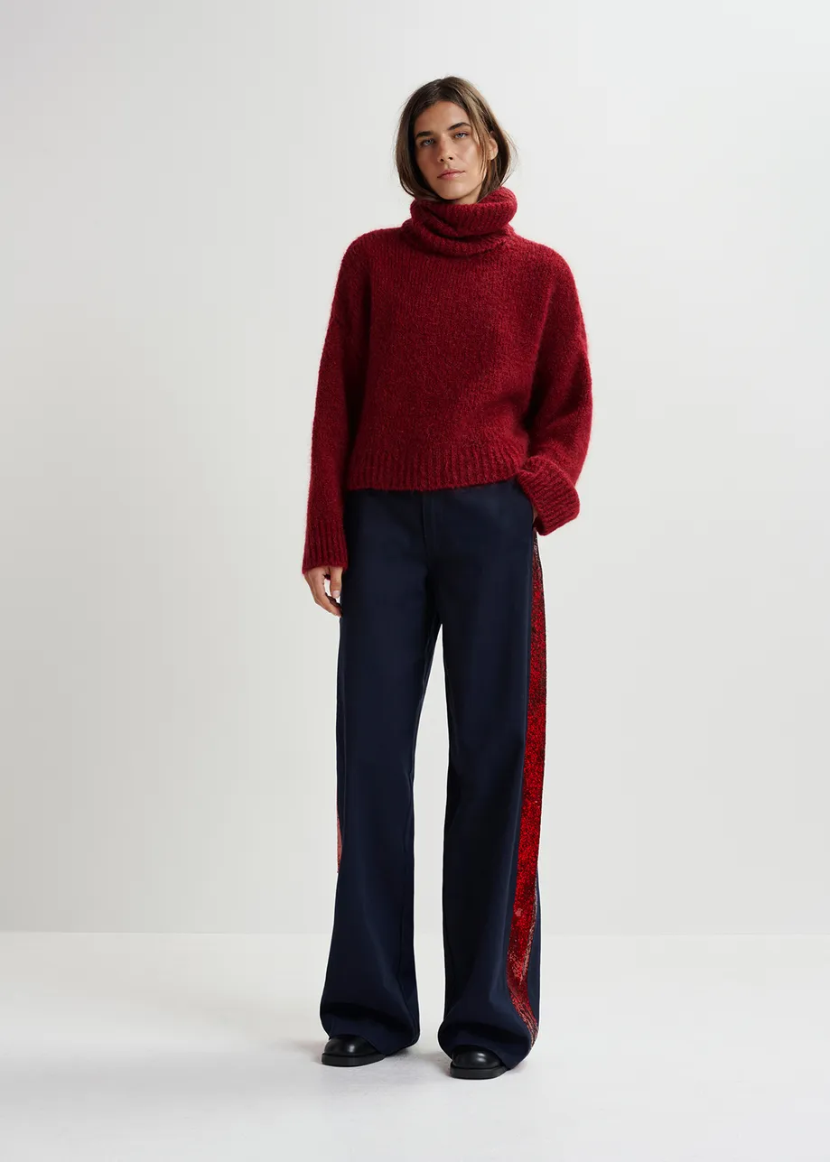 Navy blue cotton pants with sequin-embellished stripes