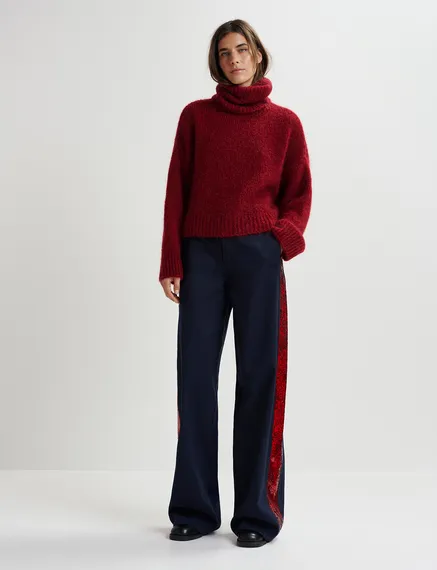 Navy blue cotton pants with sequin-embellished stripes