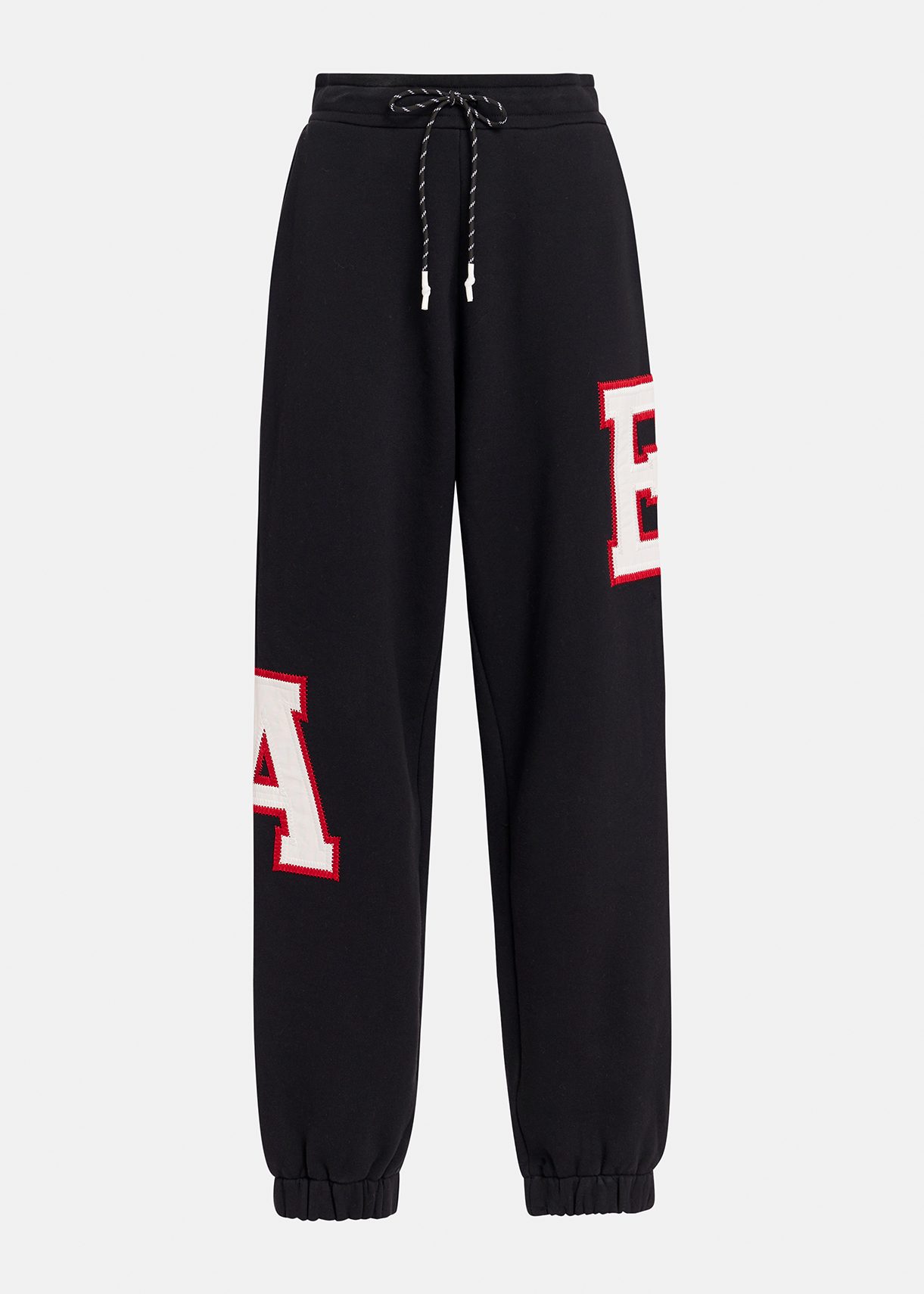 Black cotton sweatpants with embroidered patches