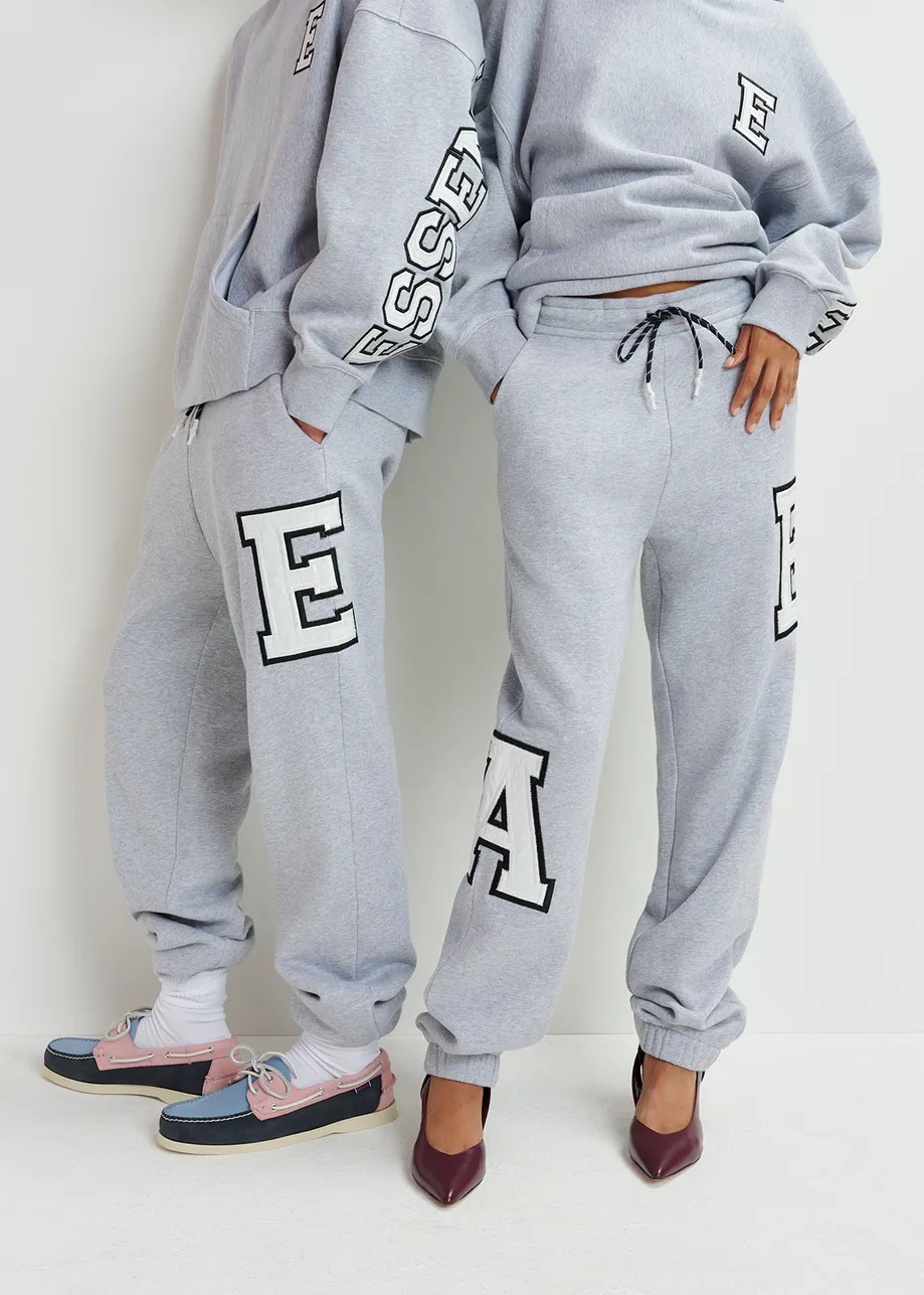 Grey cotton sweatpants with embroidered patches