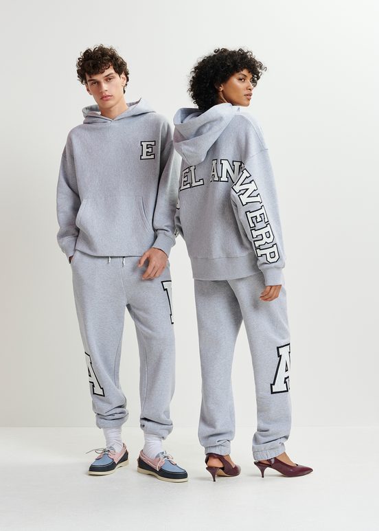 Grey cotton sweatpants with embroidered patches