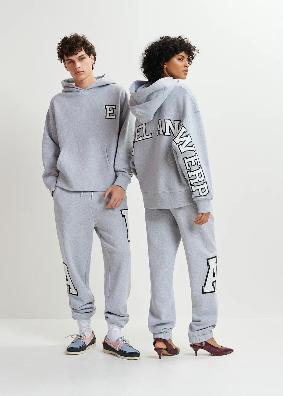 Grey cotton sweatpants with embroidered patches