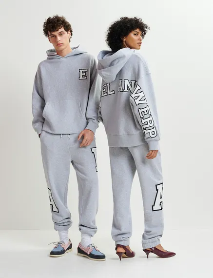 Grey cotton sweatpants with embroidered patches