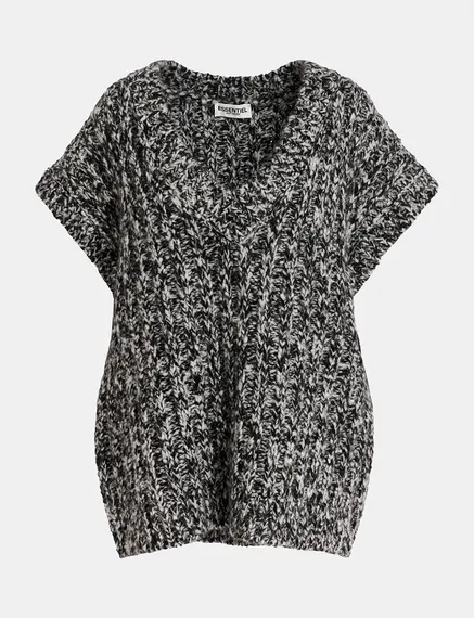 Pull sans manches en tricot mêlé noir et écru