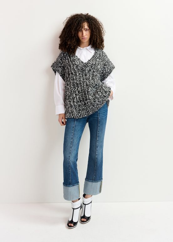 Pull sans manches en tricot mêlé noir et écru