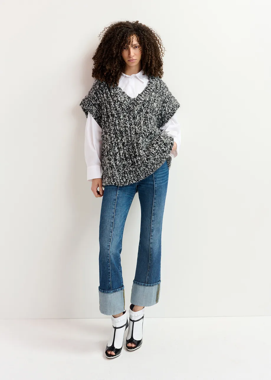 Pull sans manches en tricot mêlé noir et écru