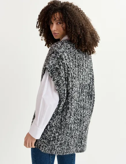 Pull sans manches en tricot mêlé noir et écru