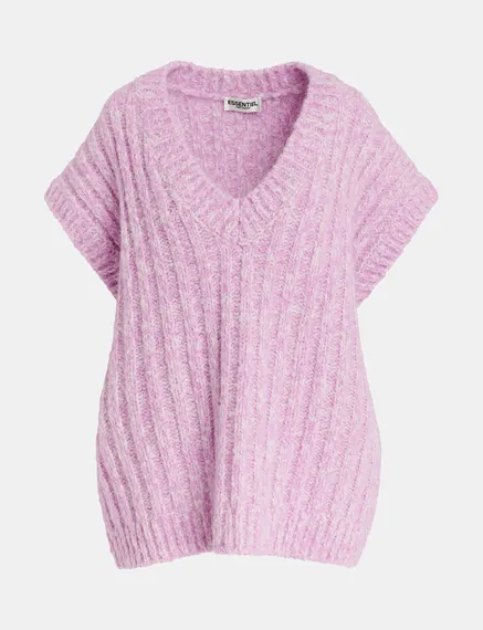 Pull sans manches en tricot mêlé mauve et écru