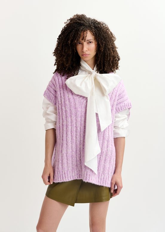 Pull sans manches en tricot mêlé mauve et écru