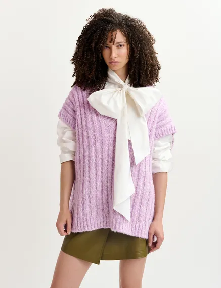 Pull sans manches en tricot mêlé mauve et écru