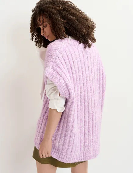 Mauve and ecru mélange sleeveless knit sweater