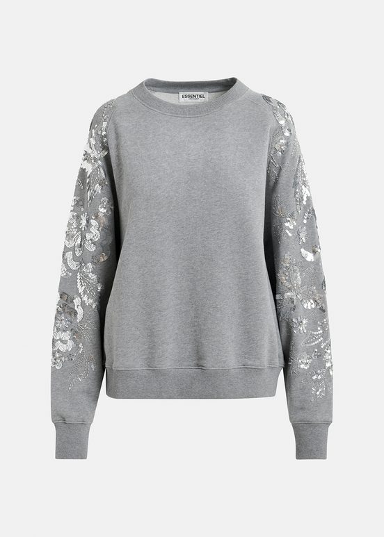 Grey organic cotton sweatshirt with sequin and bead-embroidered sleeves