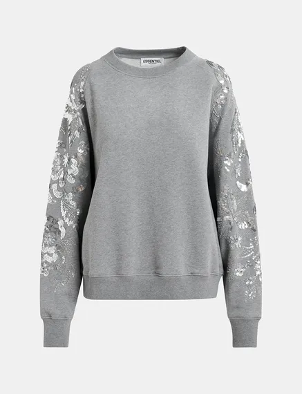 Grey organic cotton sweatshirt with sequin and bead-embroidered sleeves