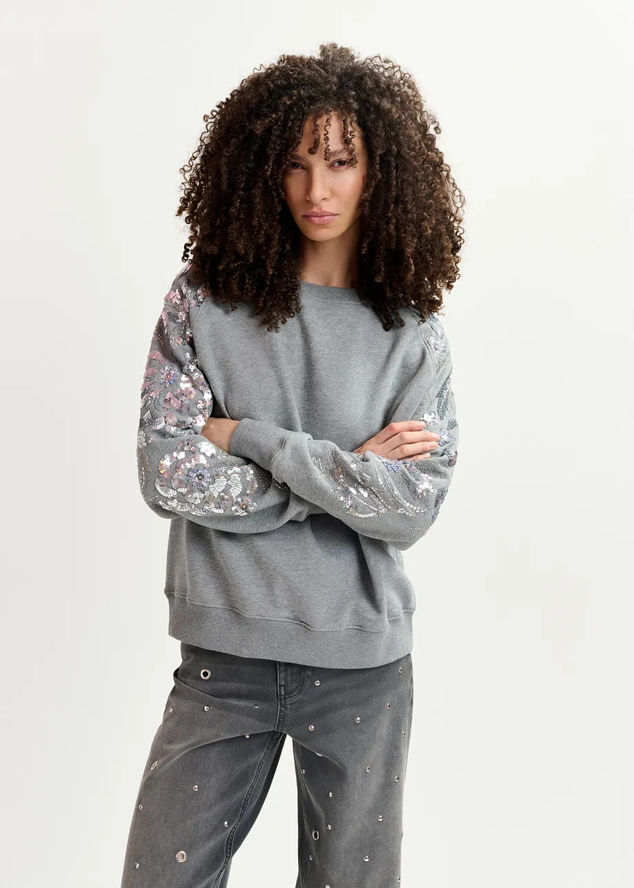 Grey organic cotton sweatshirt with sequin and bead-embroidered sleeves