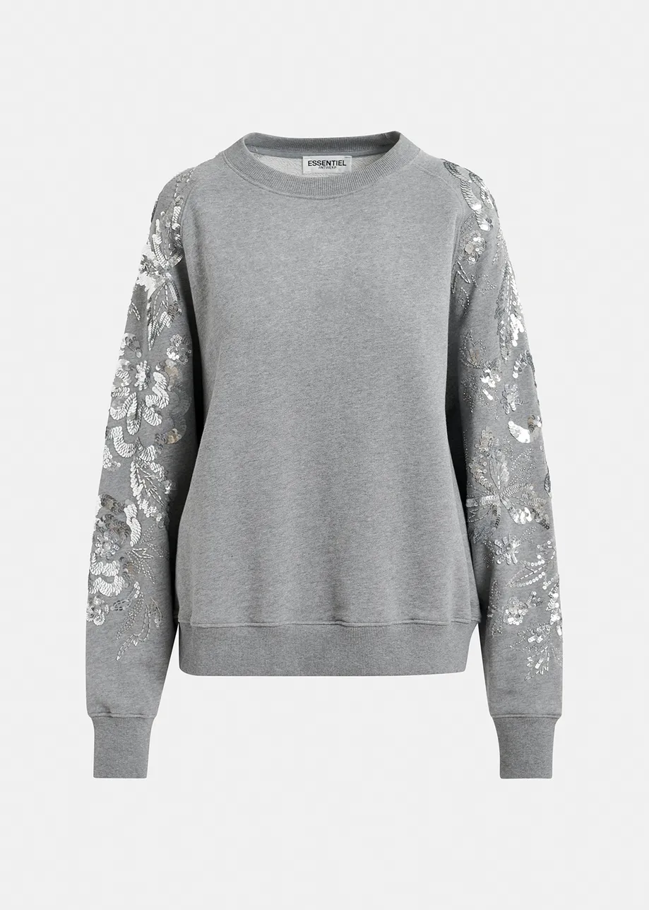 Grey organic cotton sweatshirt with sequin and bead-embroidered sleeves