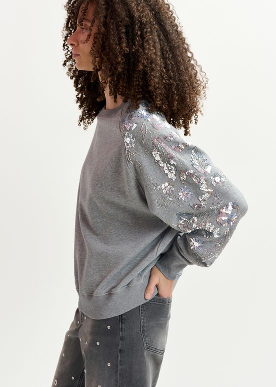 Grey organic cotton sweatshirt with sequin and bead-embroidered sleeves