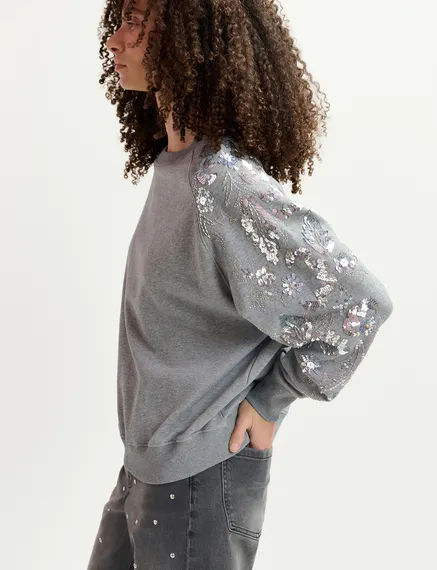 Grey organic cotton sweatshirt with sequin and bead-embroidered sleeves