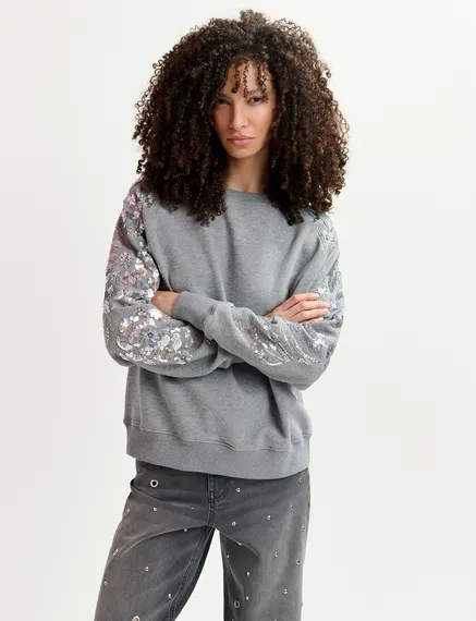 Grey organic cotton sweatshirt with sequin and bead-embroidered sleeves