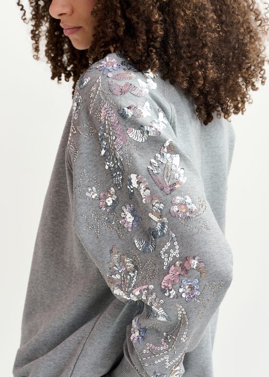 Grey organic cotton sweatshirt with sequin and bead-embroidered sleeves