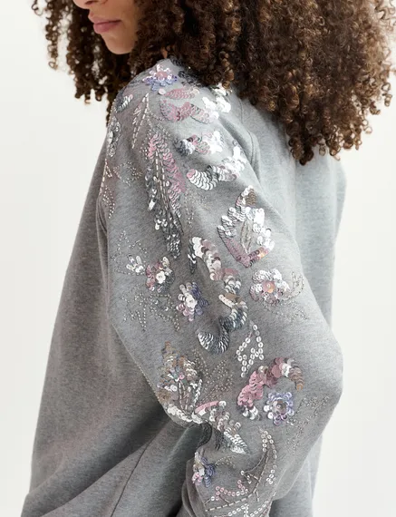 Grey organic cotton sweatshirt with sequin and bead-embroidered sleeves