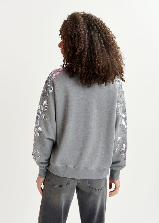 Grey organic cotton sweatshirt with sequin and bead-embroidered sleeves