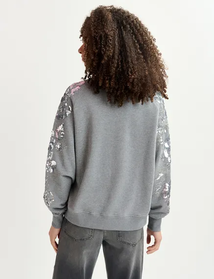 Grey organic cotton sweatshirt with sequin and bead-embroidered sleeves