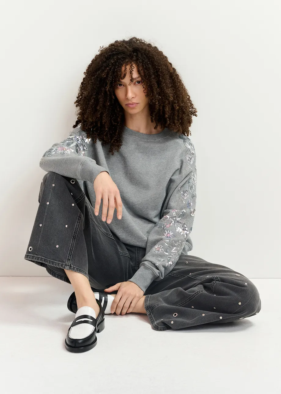 Grey organic cotton sweatshirt with sequin and bead-embroidered sleeves