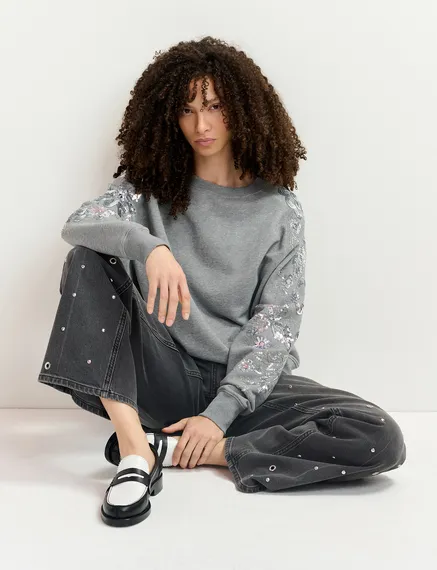 Grey organic cotton sweatshirt with sequin and bead-embroidered sleeves