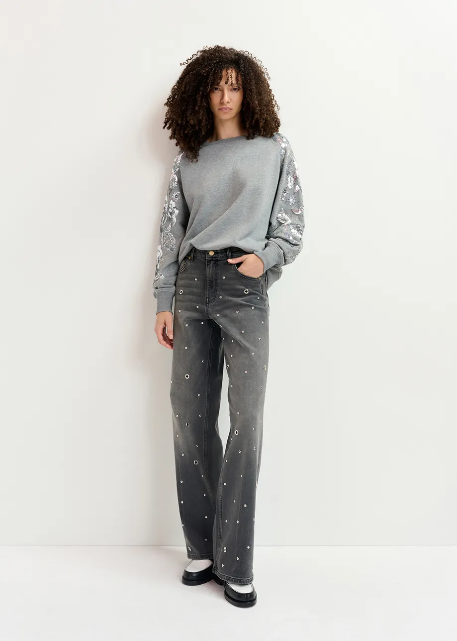 Grey organic cotton sweatshirt with sequin and bead-embroidered sleeves