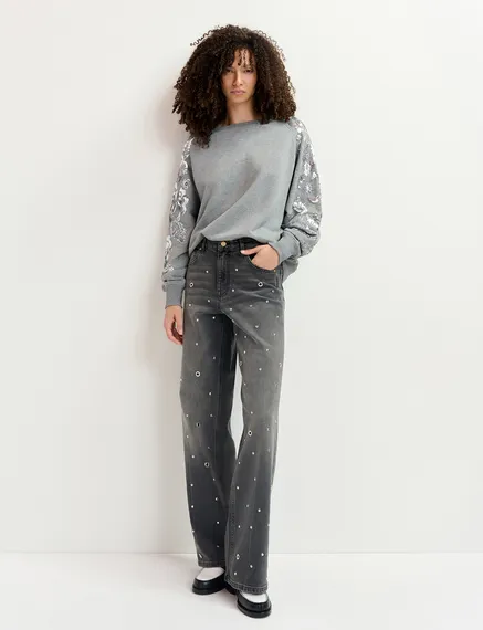 Grey organic cotton sweatshirt with sequin and bead-embroidered sleeves