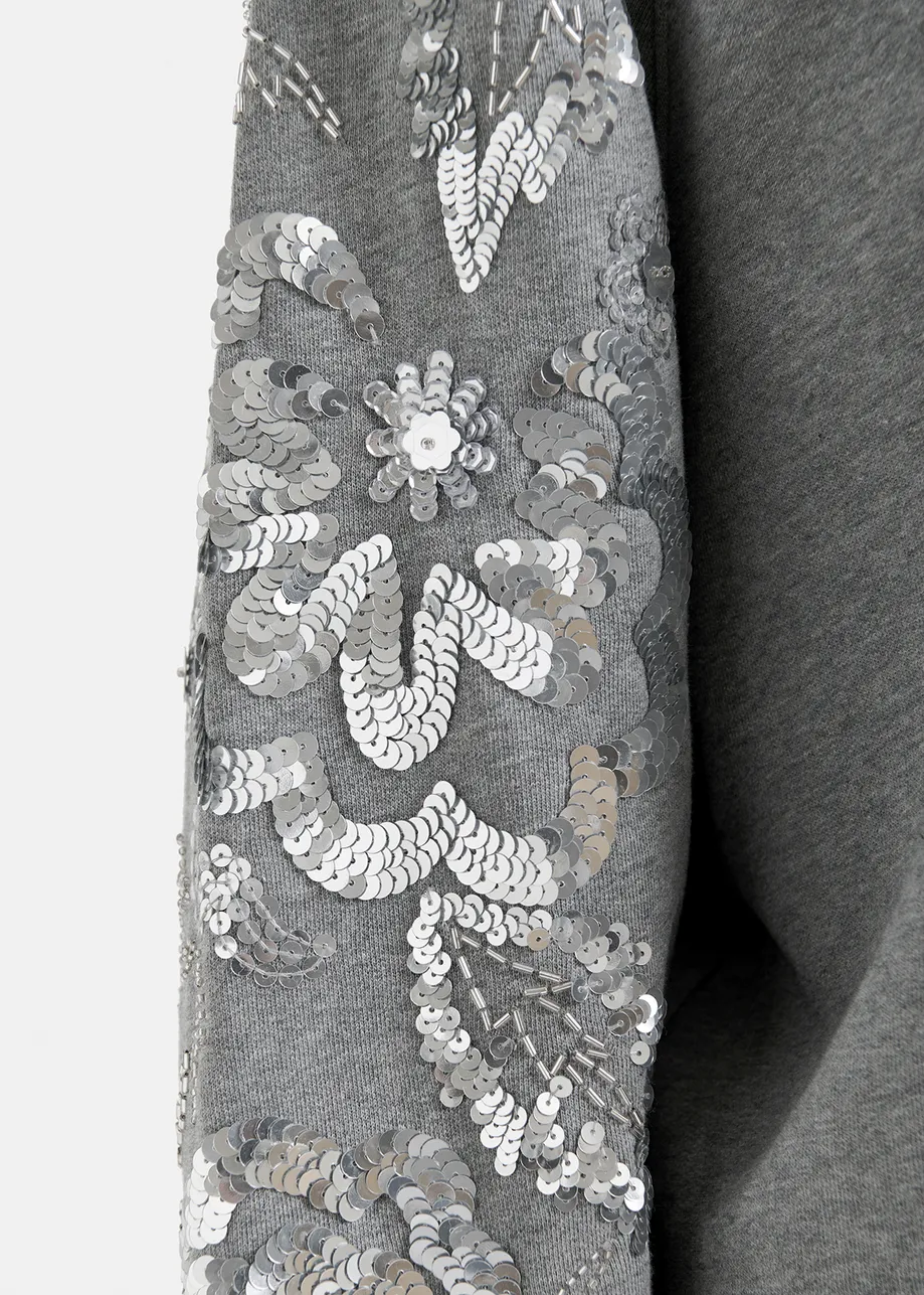 Grey organic cotton sweatshirt with sequin and bead-embroidered sleeves