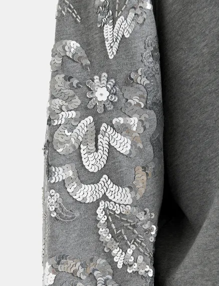 Grey organic cotton sweatshirt with sequin and bead-embroidered sleeves