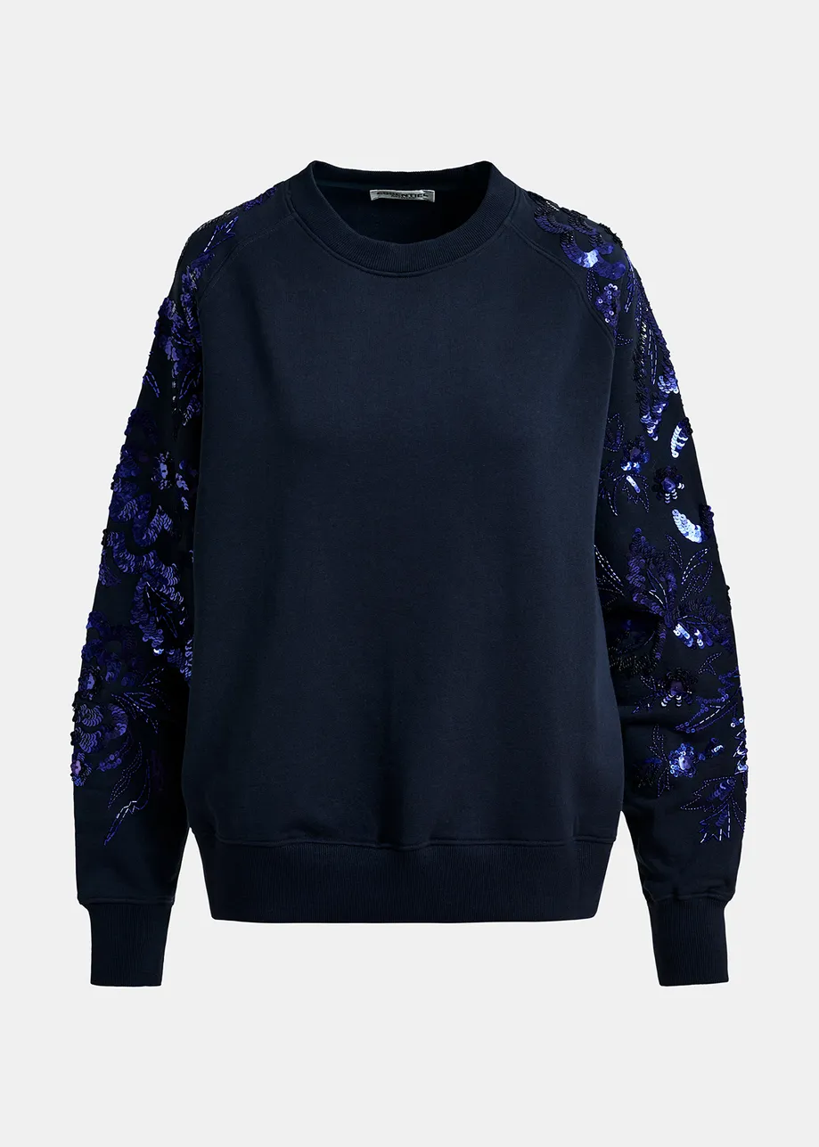 Navy blue organic cotton sweatshirt with sequin and bead-embroidered sleeves