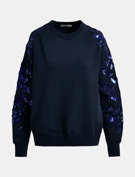 Felpa blu navy in cotone biologico con maniche ricamate in paillettes e perline