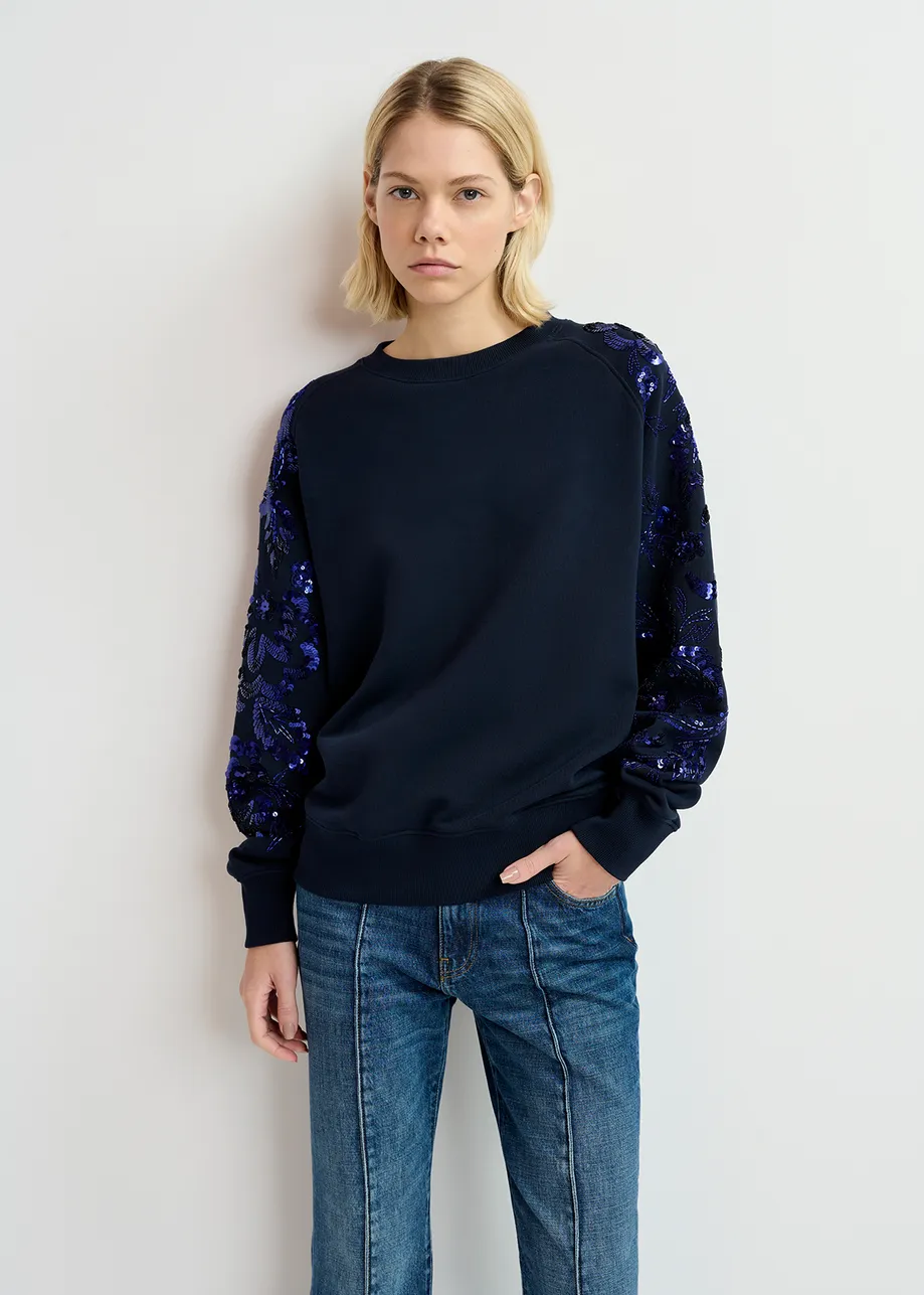 Navy blue organic cotton sweatshirt with sequin and bead-embroidered sleeves