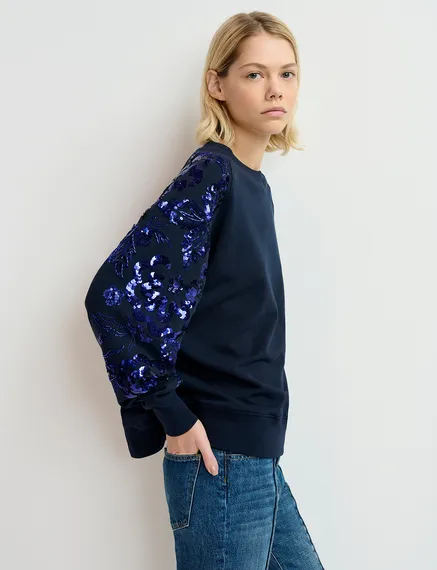 Navy blue organic cotton sweatshirt with sequin and bead-embroidered sleeves