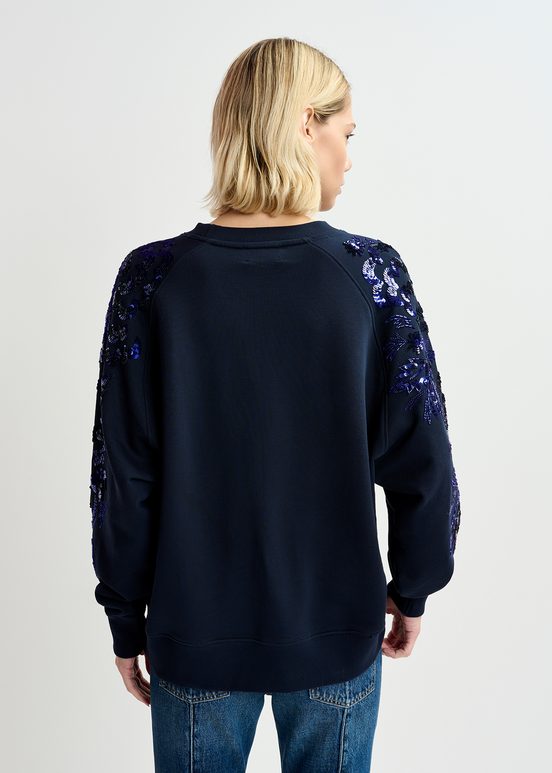 Sweatshirt en coton bio bleu marine à manches brodées