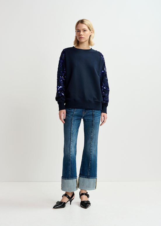 Marineblaues Sweatshirt aus Bio-Baumwolle mit Pailletten- und Perlenstickerei an den Ärmeln