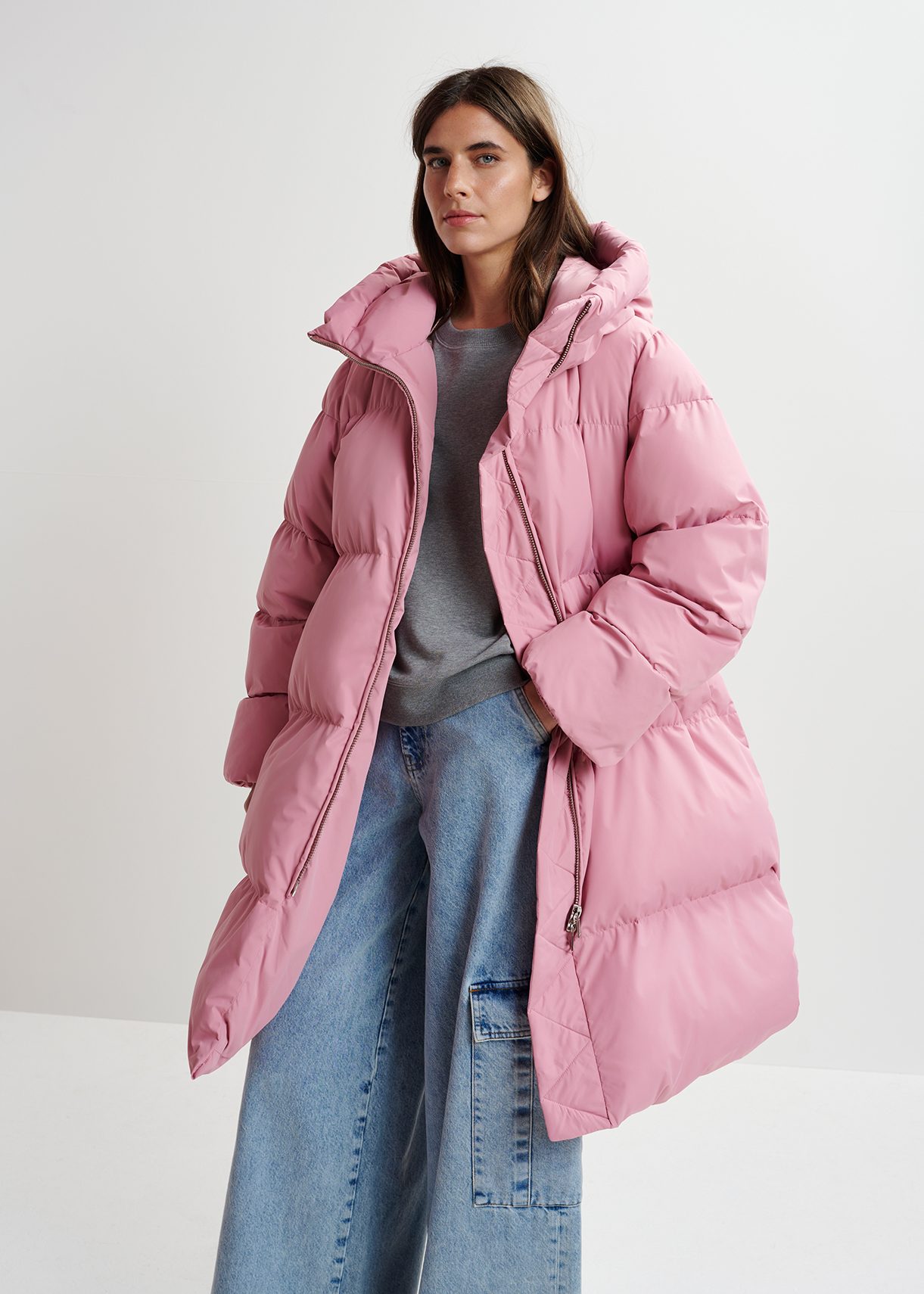 Pink long puffer coat hotsell