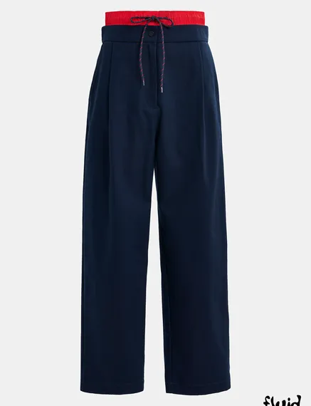 Navy blue and red double-waist pants