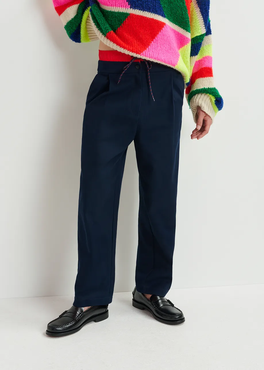 Navy blue and red double-waist pants