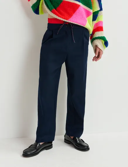 Navy blue and red double-waist pants