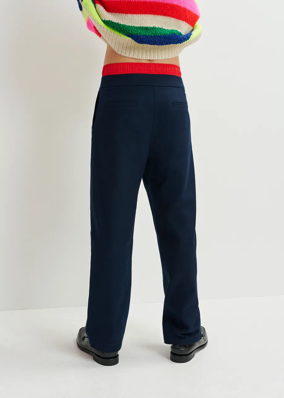 Navy blue and red double-waist pants