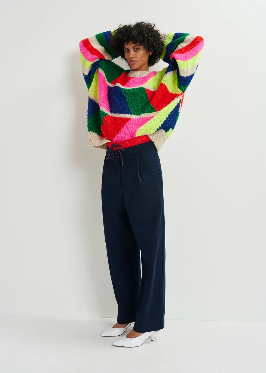 Navy blue and red double-waist pants